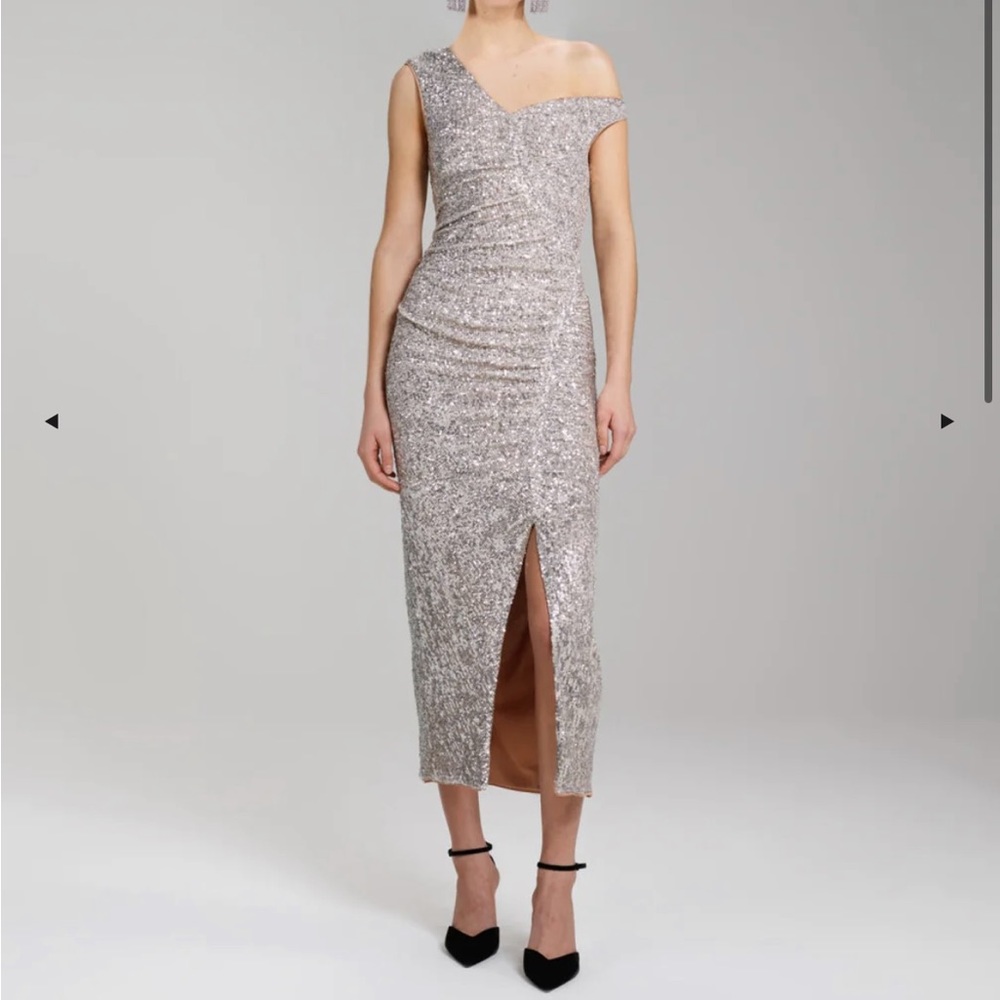 Self-Portrait ruched sequin midi dress with front side slit.